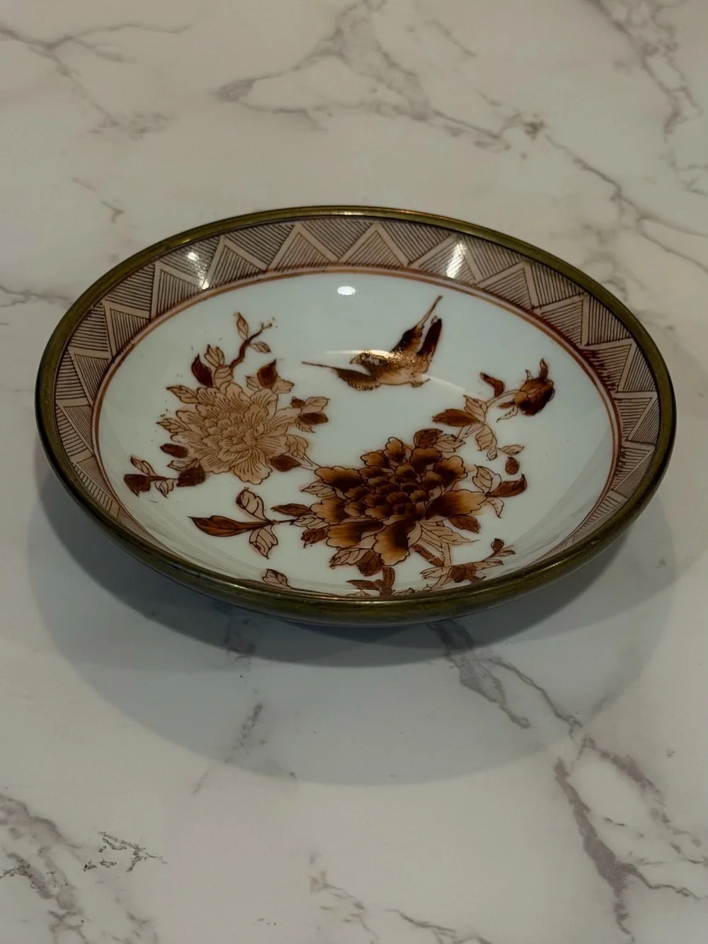 Vintage Japanese Porcelain Brass Mounted Bowl Bird & Floral Trinket Dish 6”